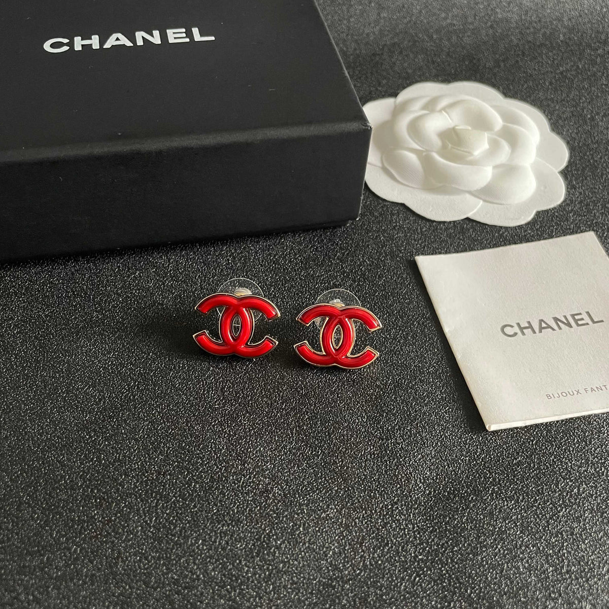 CHANEL 26S DOUBLE C LOGO RED ENAMEL STUD EARRINGS IN GOLD METAL 629991 mysite