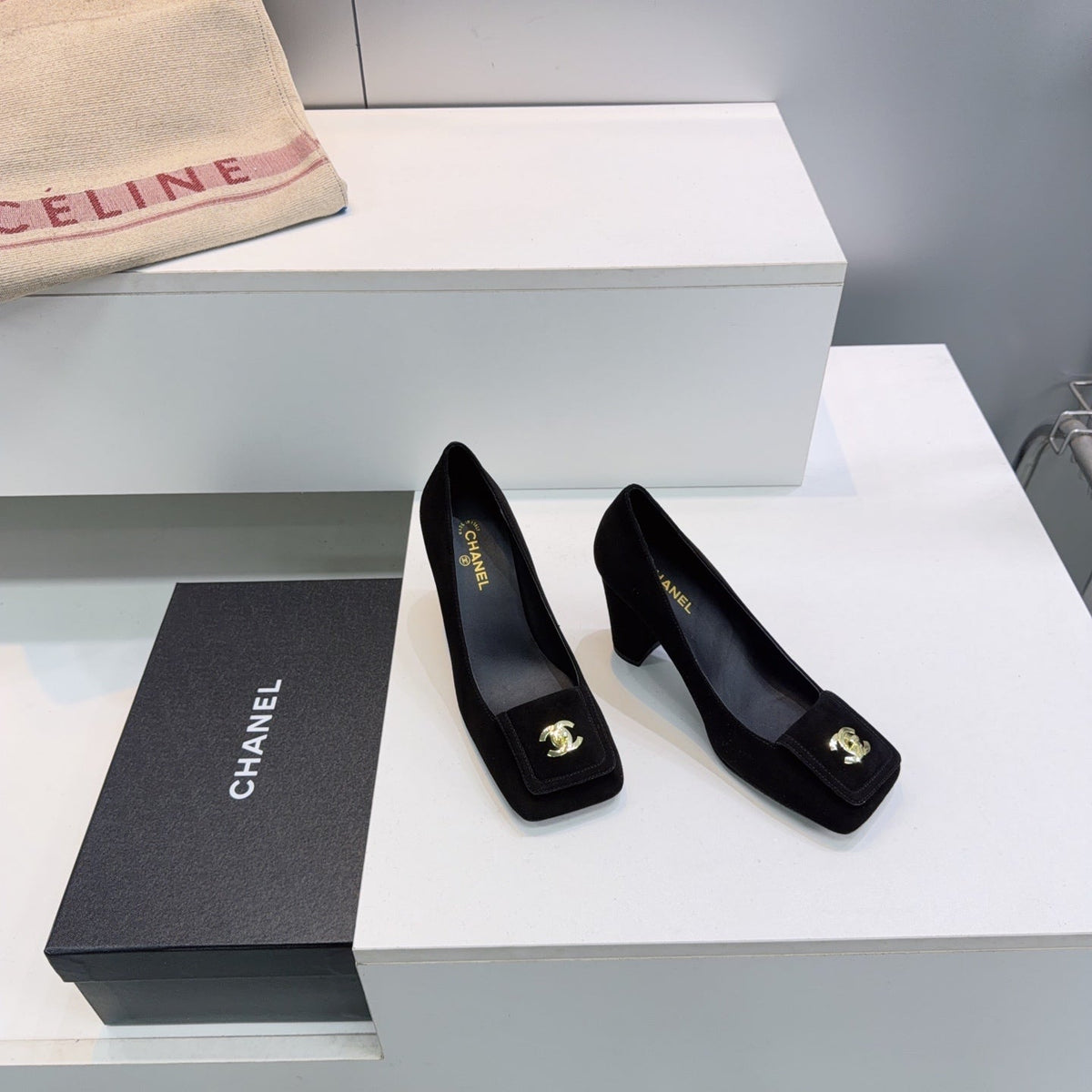 CHANEL 26S SQUARE-TOE HIGH HEELS 95 MM IN BLACK SUEDE mysite