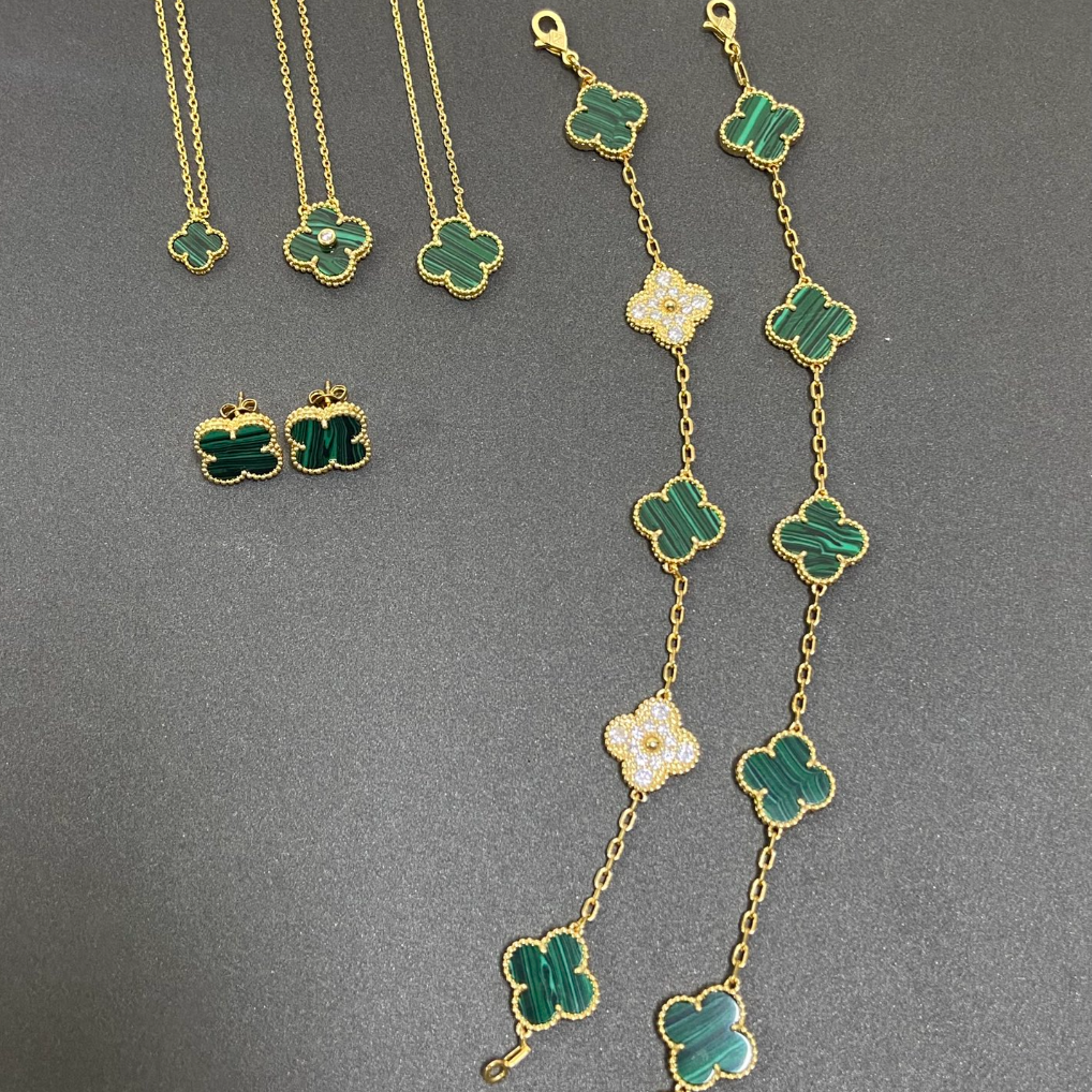 Vintage Leaves Green Bracelet & Earrings & Necklace 6 Set (Gold) mysite