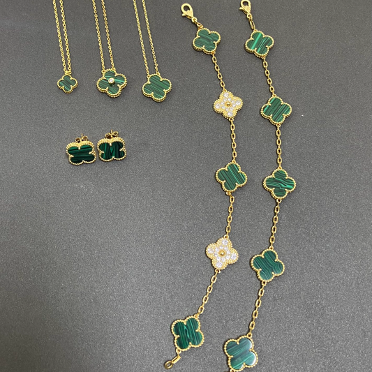 Vintage Leaves Green Bracelet & Earrings & Necklace 6 Set (Gold) mysite