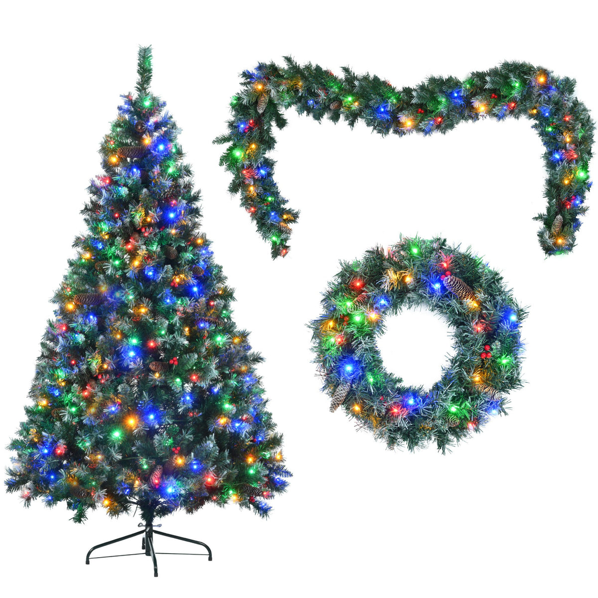 6 Feet Dark Green Pine Christmas Tree, Pre-Installed Lighting Set With Tree, Garland & Garland, Hinged Artificial Christmas Tree,
