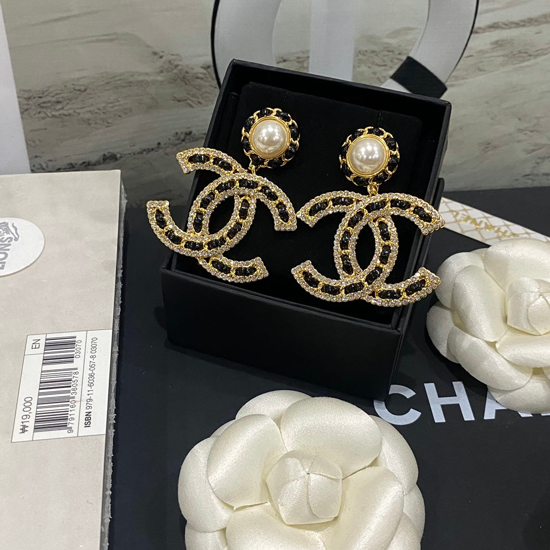 Double C Black Leather Pearl Earrings mysite
