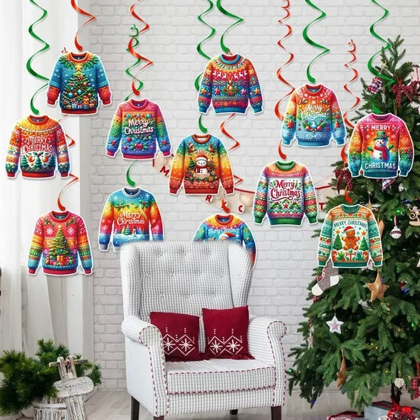 12 Pcs Merry Christmas Sweater Swirl Pendants Hanging Xmas Tree Snowman Paper Sweater Ornaments Santa Claus Gingerbread Man Pattern Spiral Ceiling Pendant For Xmas Birthday Party Decor Supplies