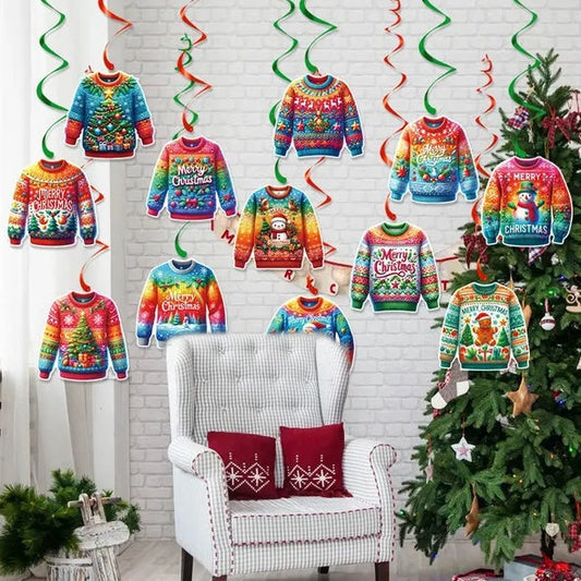 12 Pcs Merry Christmas Sweater Swirl Pendants Hanging Xmas Tree Snowman Paper Sweater Ornaments Santa Claus Gingerbread Man Pattern Spiral Ceiling Pendant For Xmas Birthday Party Decor Supplies