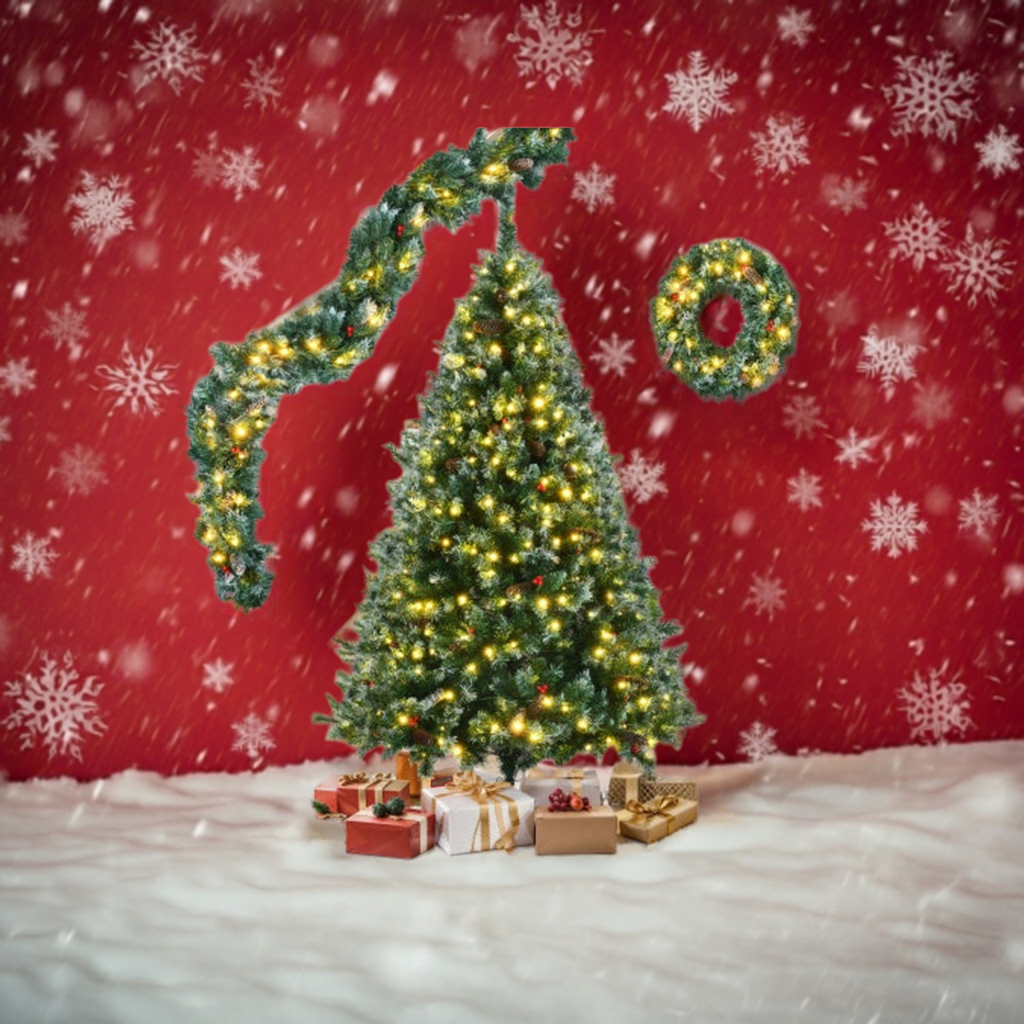 6 Feet Dark Green Pine Christmas Tree, Pre-Installed Lighting Set With Tree, Garland & Garland, Hinged Artificial Christmas Tree,