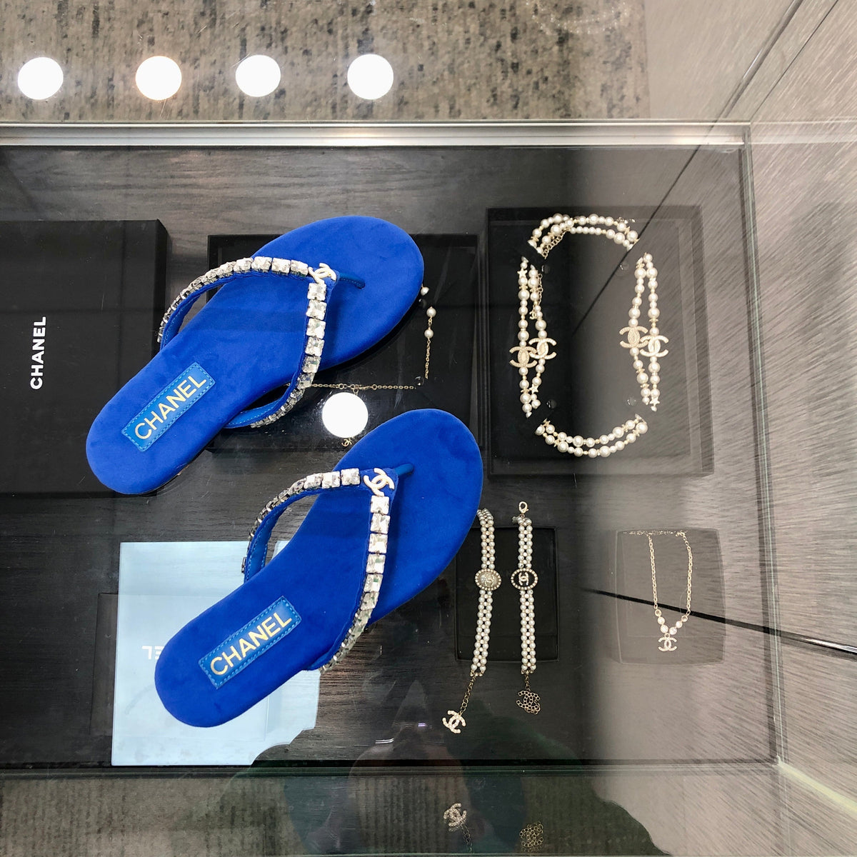 THONG SLIDE IN COBALT BLUE SUEDE WITH WHITE CRYSTALS mysite