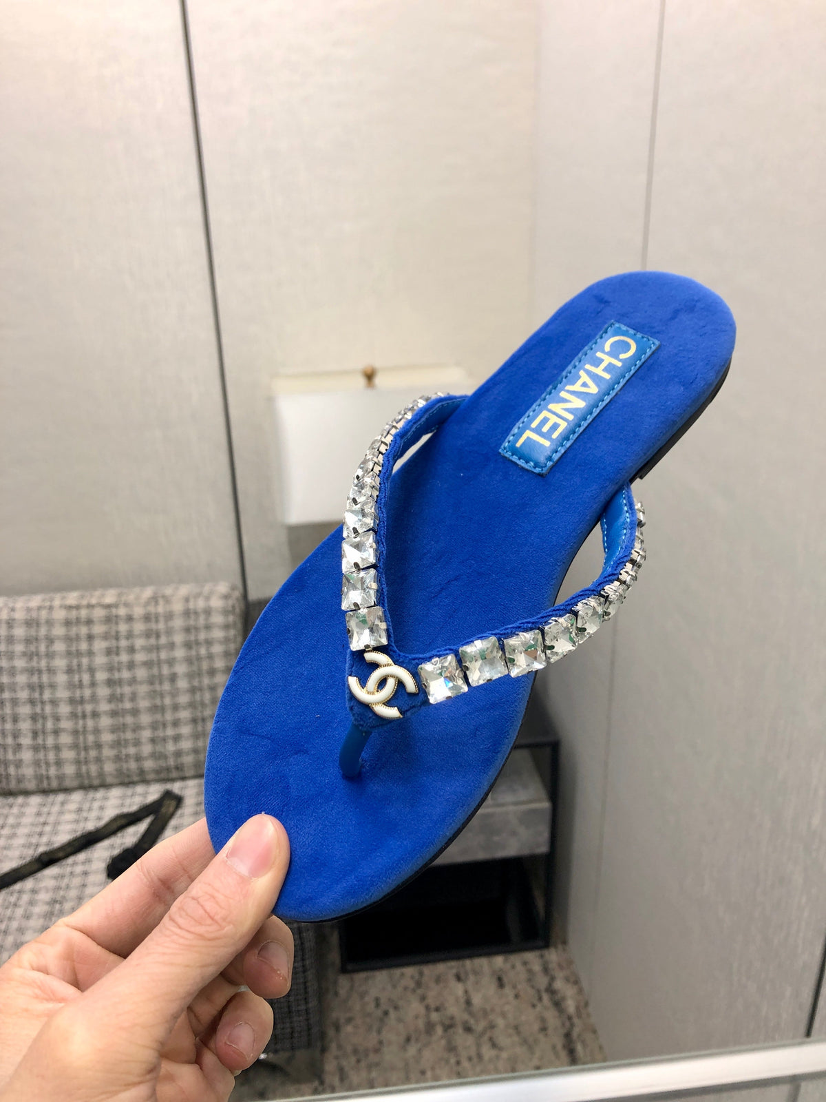 THONG SLIDE IN COBALT BLUE SUEDE WITH WHITE CRYSTALS mysite