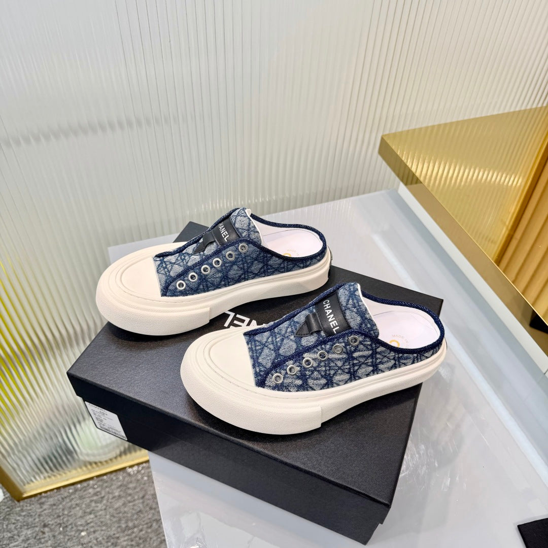 26S MULE SNEAKERS IN NAVY BLUE DIAMOND-PATTERNED WOVEN DENIM FABRIC STYLE 2 mysite