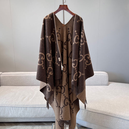 PONCHO 200 CM IN CHOCOLATE BROWN MONOGRAM CASHMERE 405021 mysite