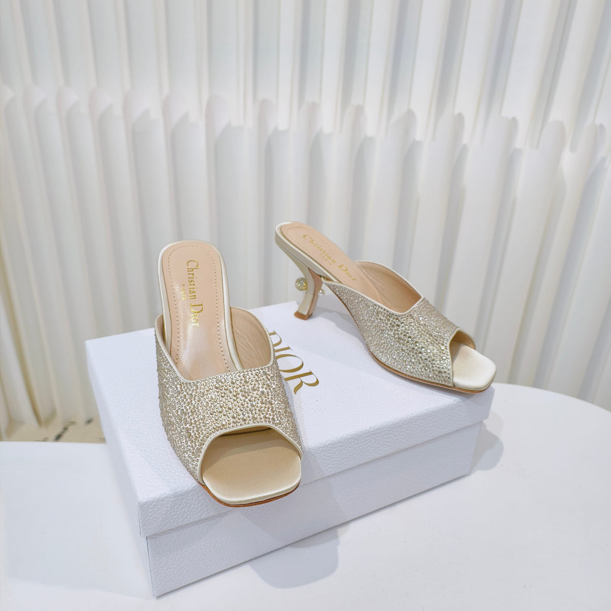 EMBELLISHED HIGH HEEL SLIDES 25S IN LIGHT BEIGE SATIN AND CALFSKIN mysite