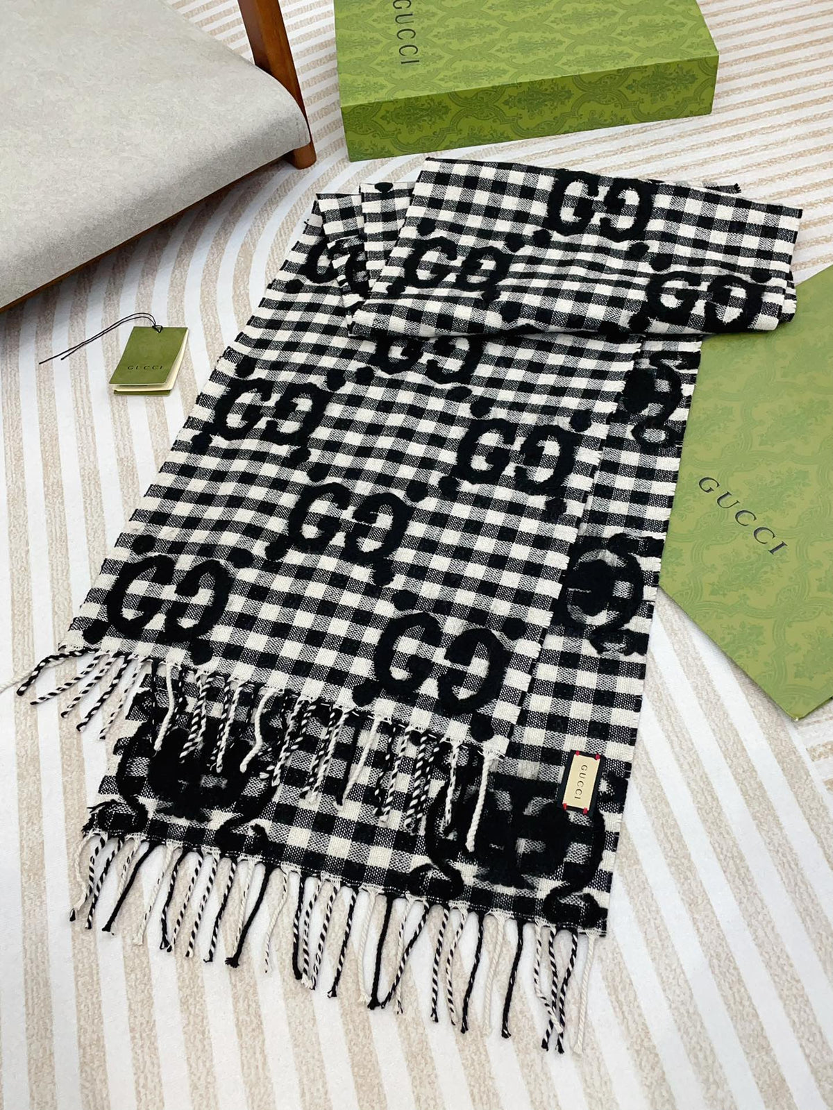 SCARF 220 CM IN BLACK MIX WHITE WOOL 401165 mysite