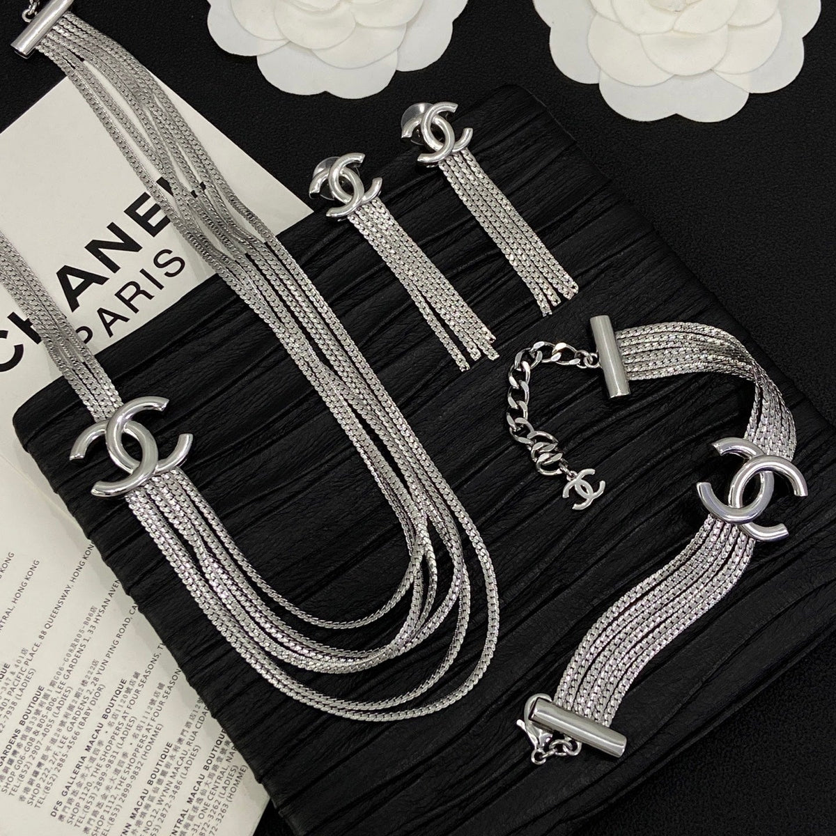Tassel CC Design 3 Set (Earrings+Bracelet +Necklace)- Silver mysite