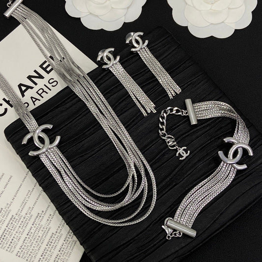 Tassel CC Design 3 Set (Earrings+Bracelet +Necklace)- Silver mysite