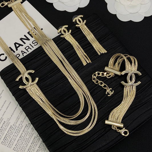 Tassel CC Design 3 Set (Earrings+Bracelet +Necklace)- Gold mysite