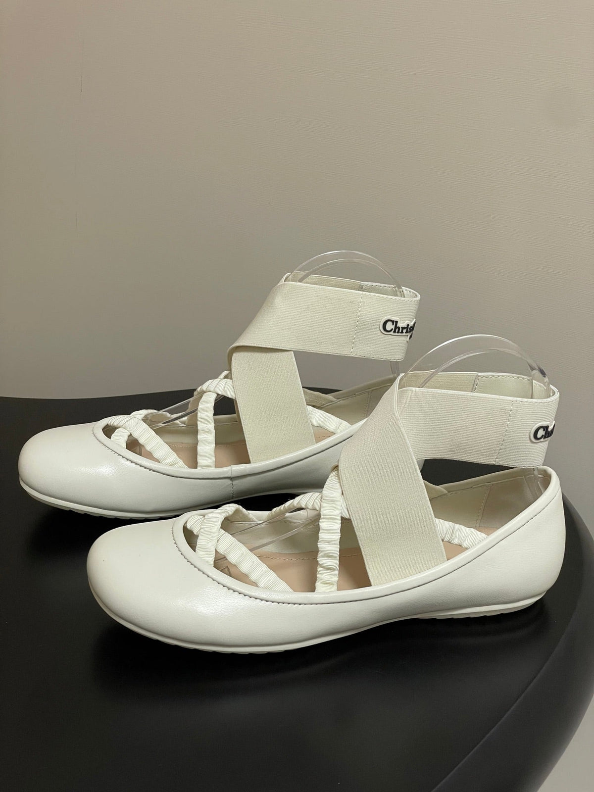DIOR STRETCH BALLET FLATS 25S IN CREAM WHITE LAMBSKIN WITH CROSSED STRAPS mysite