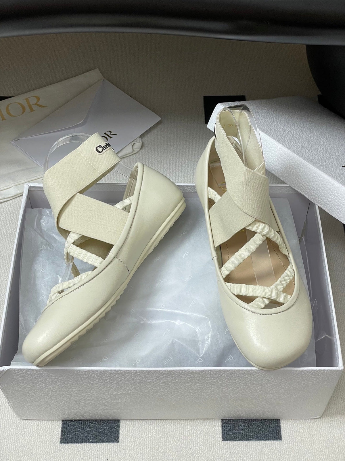 DIOR STRETCH BALLET FLATS 25S IN CREAM WHITE LAMBSKIN WITH CROSSED STRAPS mysite