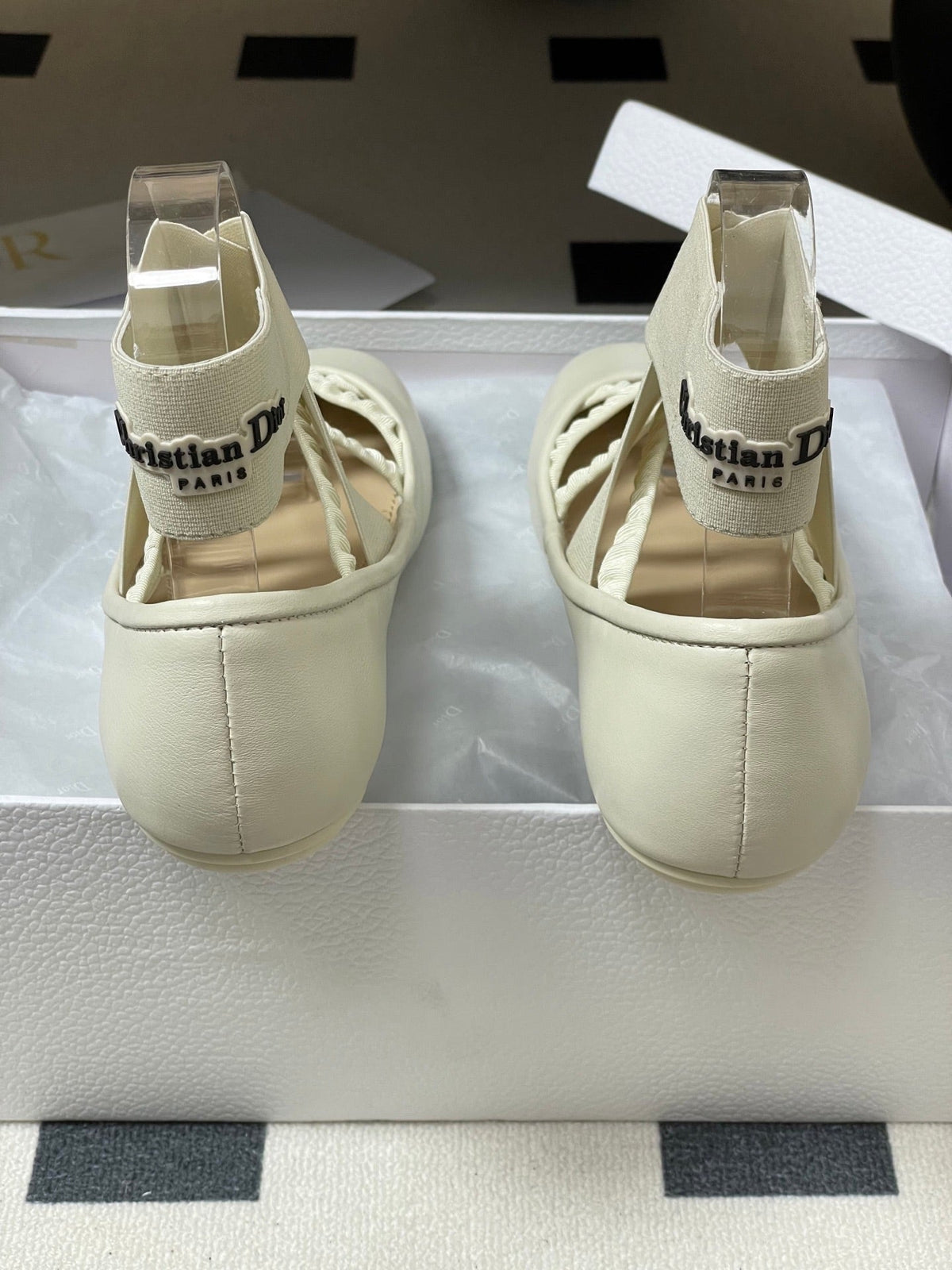 DIOR STRETCH BALLET FLATS 25S IN CREAM WHITE LAMBSKIN WITH CROSSED STRAPS mysite