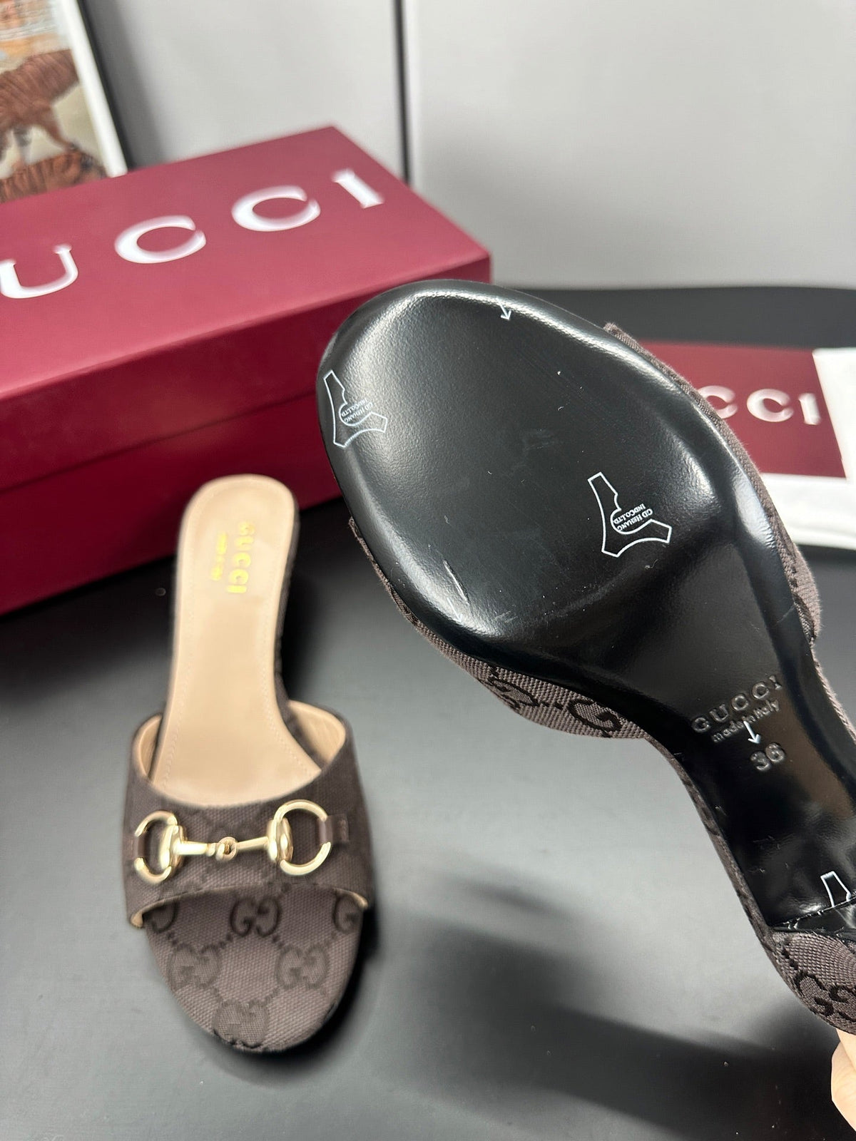 GUCCI 26S HIGH-HEELED SANDALS 50 MM IN DARK BROWN CANVAS mysite
