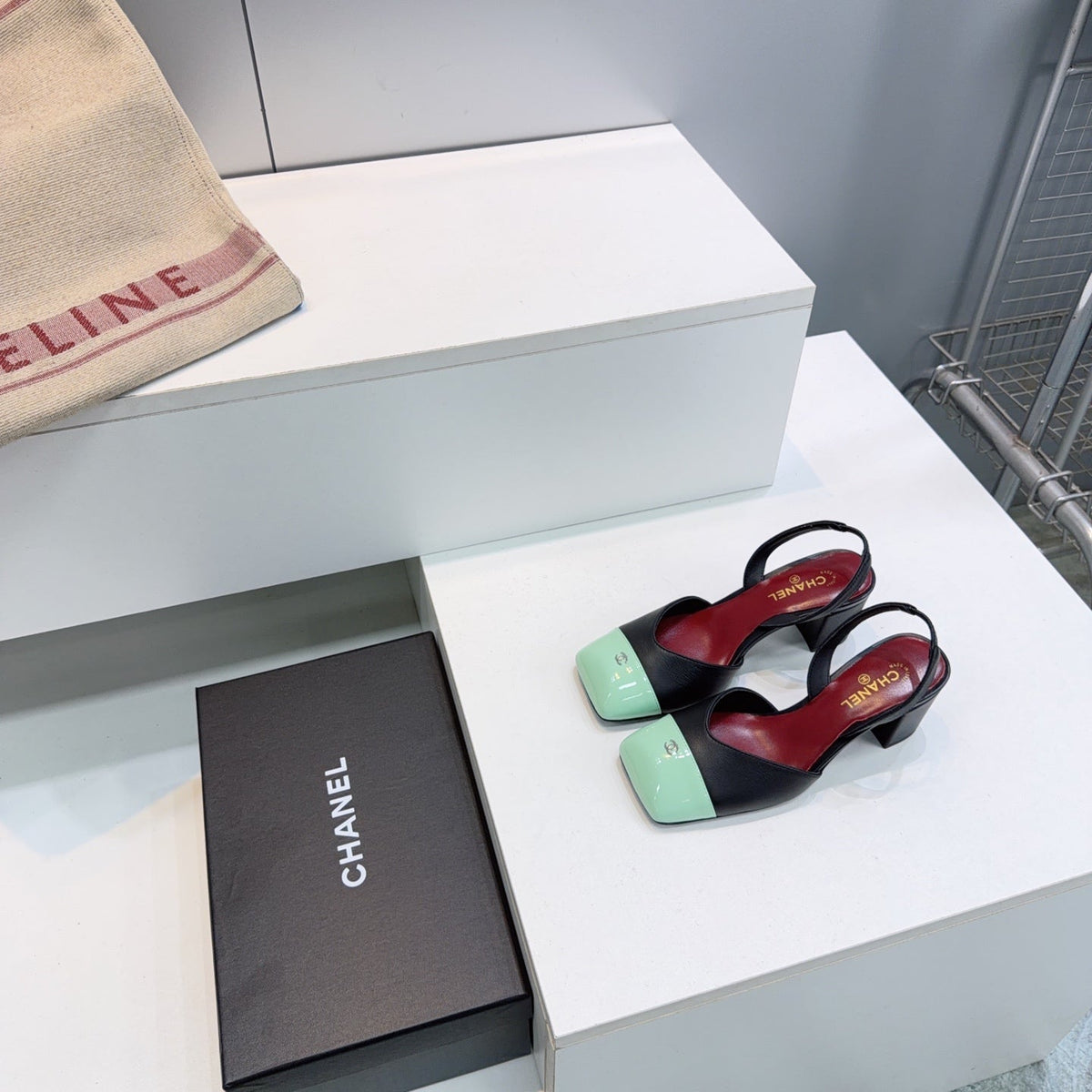 CHANEL 26S SLINGBACK 55 MM IN BLACK LAMBSKIN WITH MINT GREEN CAP TOE mysite