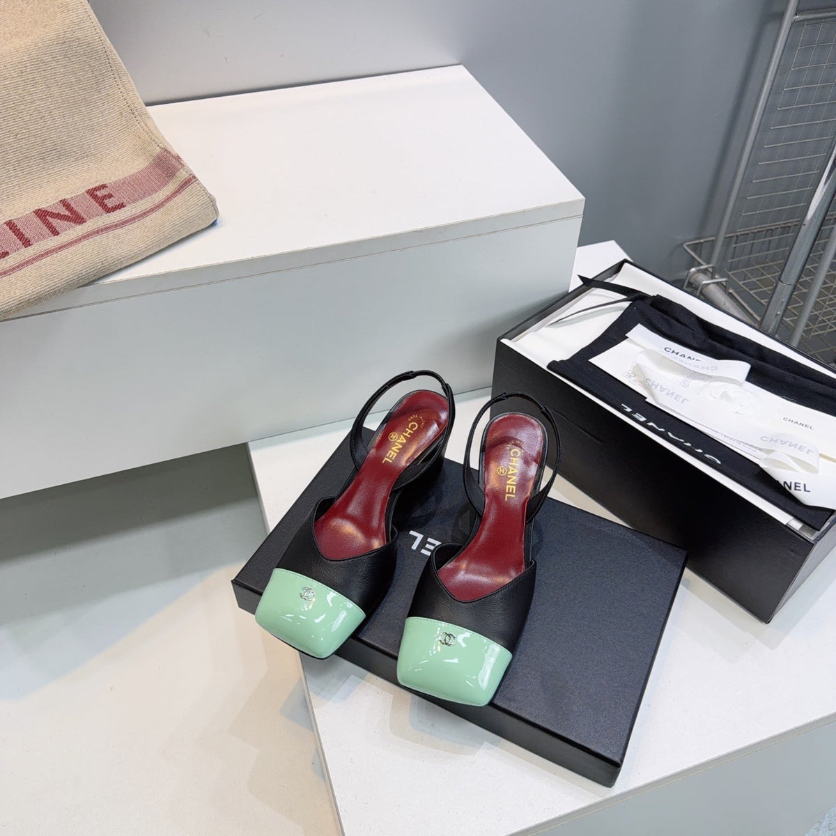 CHANEL 26S SLINGBACK 55 MM IN BLACK LAMBSKIN WITH MINT GREEN CAP TOE mysite