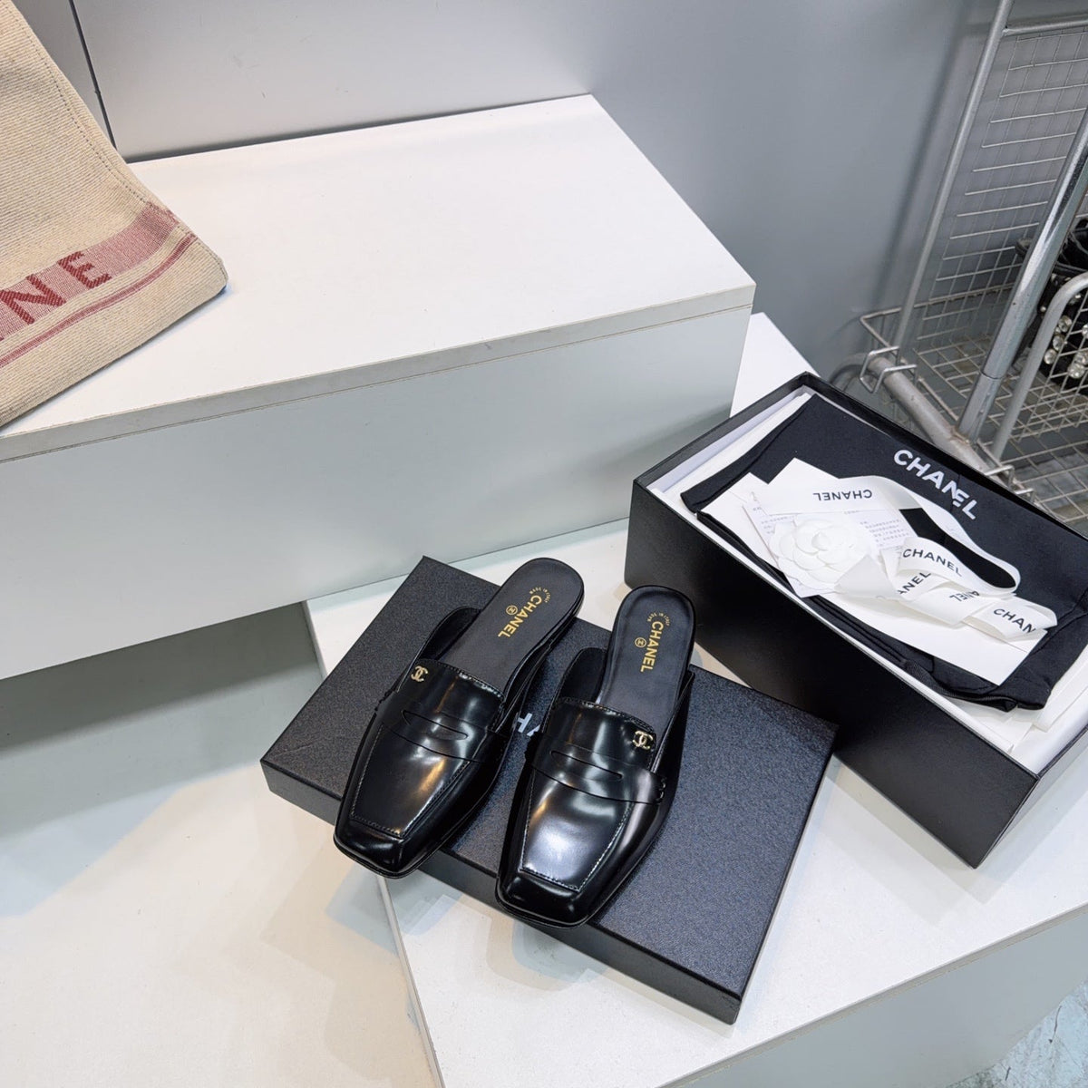 CHANEL 26S LOAFER MULES IN BLACK PATENT LAMBSKIN mysite