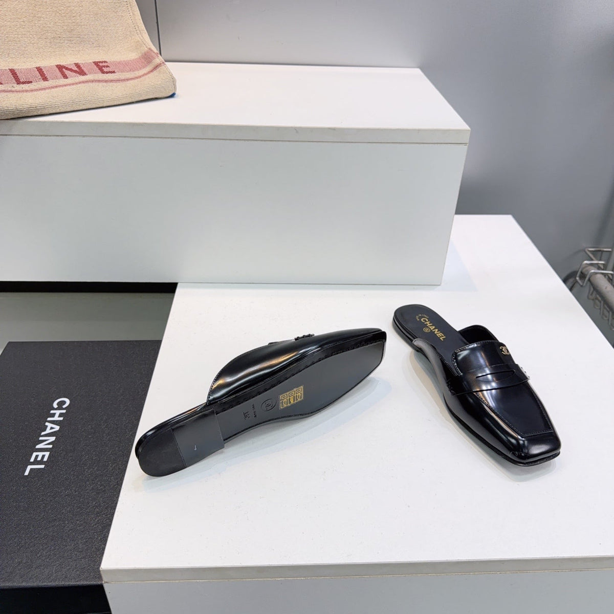 CHANEL 26S LOAFER MULES IN BLACK PATENT LAMBSKIN mysite