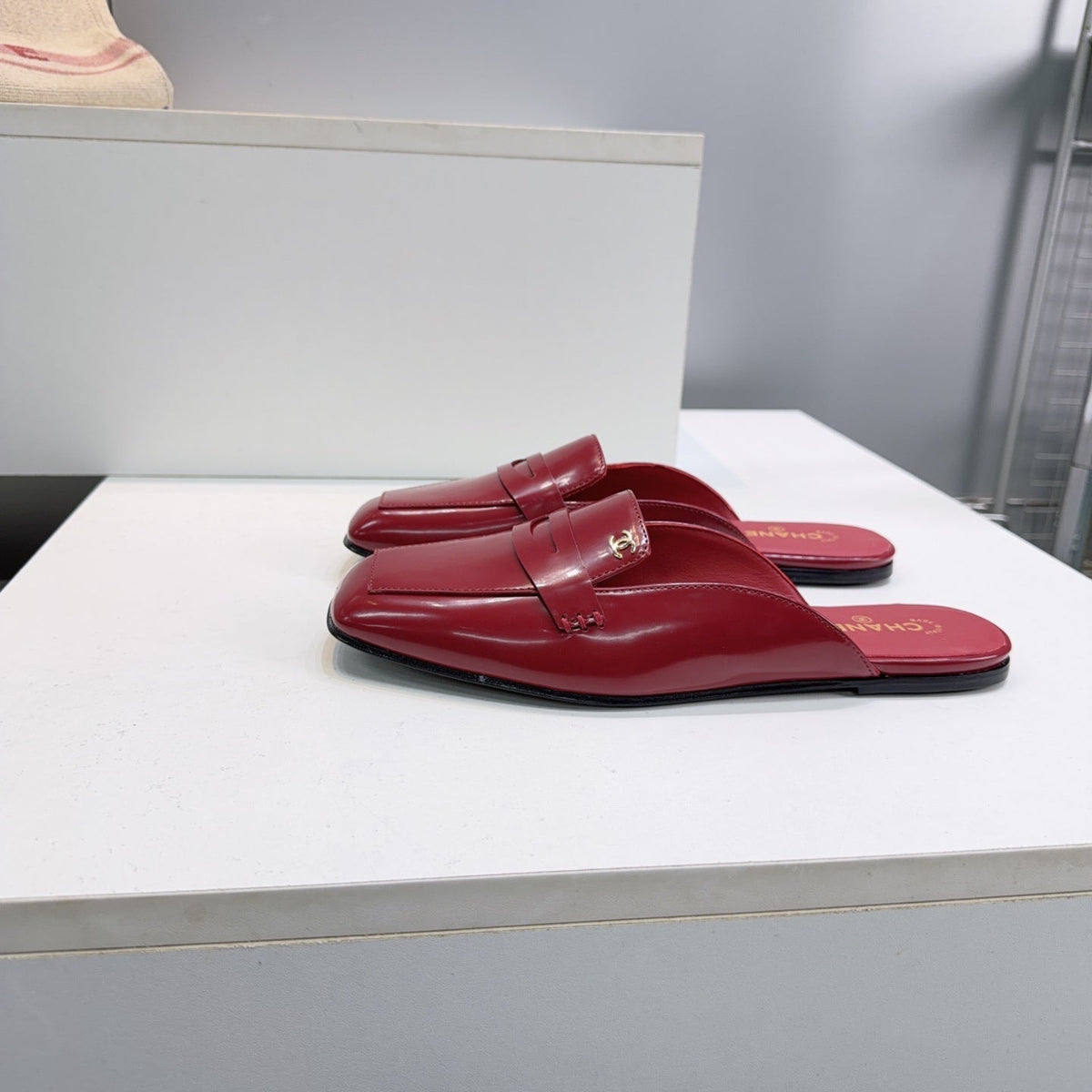 CHANEL 26S LOAFER MULES IN BURGUNDY PATENT LAMBSKIN mysite