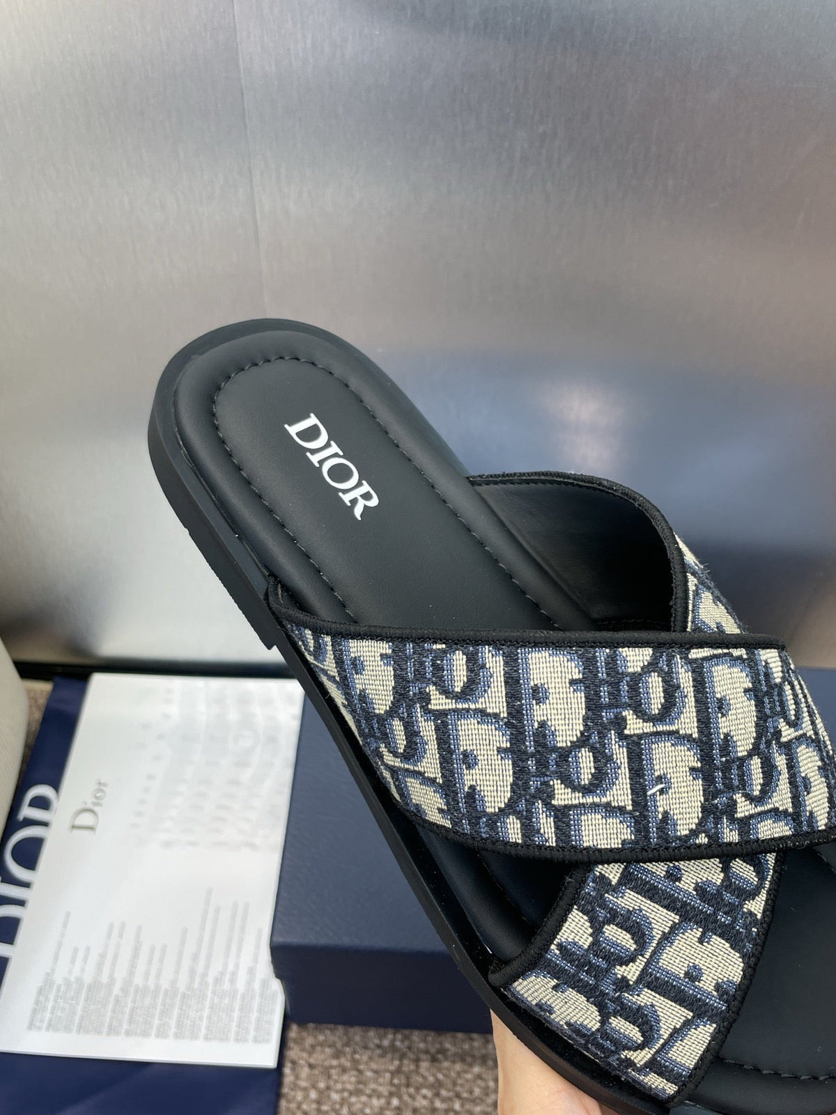 DIOR 25S ALIAS CROSS-STRAP SLIDES IN BLACK CALFSKIN WITH CD OBLIQUE DEEP BLUE LOGO mysite